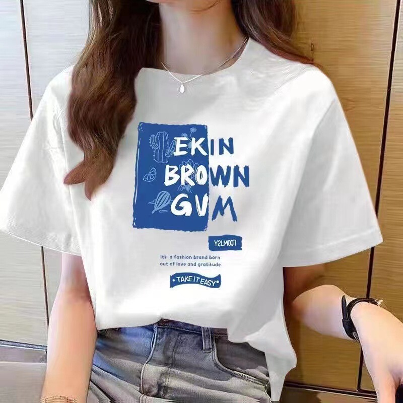 White Shoulder Short-sleeved T-shirt Women's 2024 Summer New Loose Casual Cotton Round Neck Half-sleeved Printed Top Ins White Shoulder Short-sleeved T-shirt Women's 2024 Summer New Loose Casual Cotton Round Neck Half-sleeved Printed Top Ins