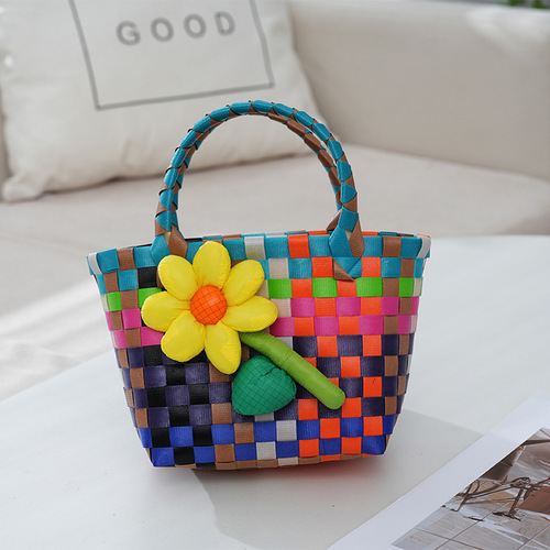Children's Day Gift Blue Color Woven Vegetable Basket Bag Hand-held Basket Cartoon DIY Gift