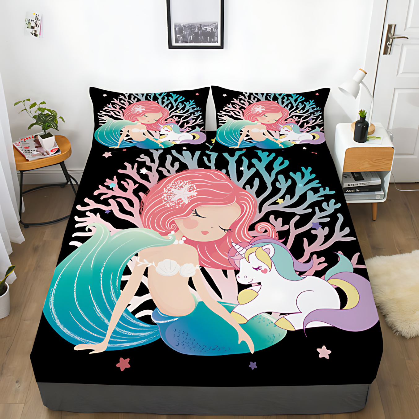 TEMU / JIT Amazonas pequeña sirena dibujos animados 3D impresión digital camas de cama de cama de cama