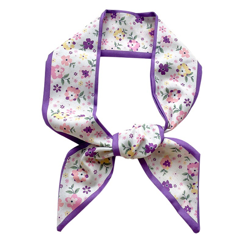 Delgada estrecha pequeña bufanda de seda de las mujeres de estilo coreano todo partido púrpura corbata floral bolsa de corbata de pelo con regalo de mano pequeña cinta de bufanda de seda