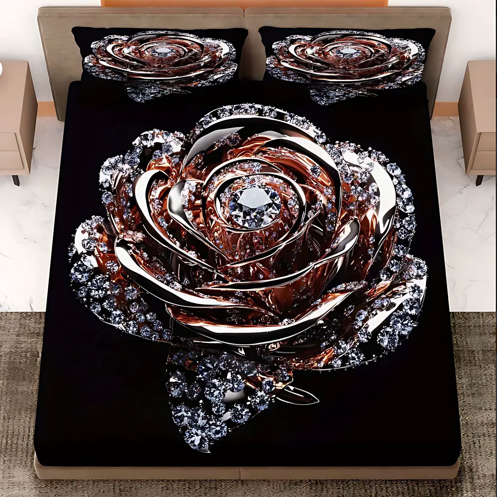 TEMU / JIT serie de rosa dorada negra impresión digital HD cama camisa colchón conjunto de dibujo se puede ajustar