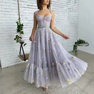 Aliexpress European and American Mesh Evening Dress 2025 Spaghetti Strap Sexy Dress Prom Party Gown for Women A-Line