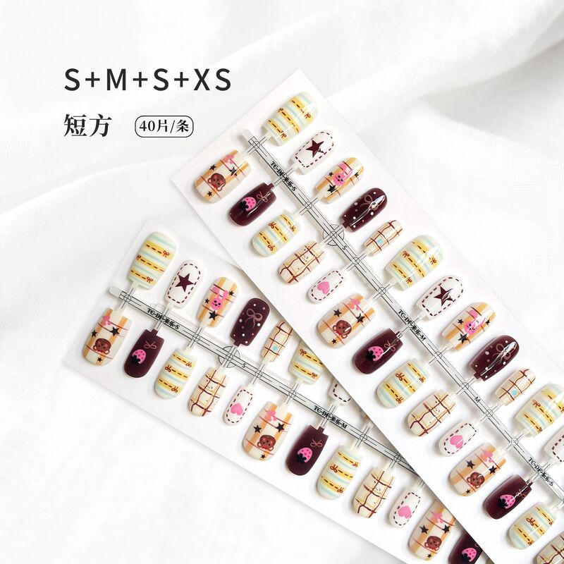 Autumn and Winter French Style Wearable Nails Plaid Prefabricated Nails Chinese Cartoon Sweet Cool Style Gradient French Manicure Fake Nails