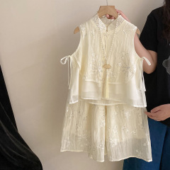 女の子の国風の新しい中国式の花の盤口の馬甲の袖なしの上着の2025夏のスパンコールのスカートのファッションの2つのセット