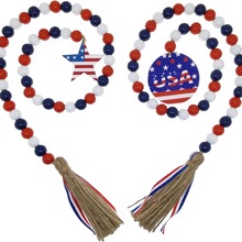 美国独立日木珠串手工艺品流苏麻绳五角星圆形木质挂件家居装饰品