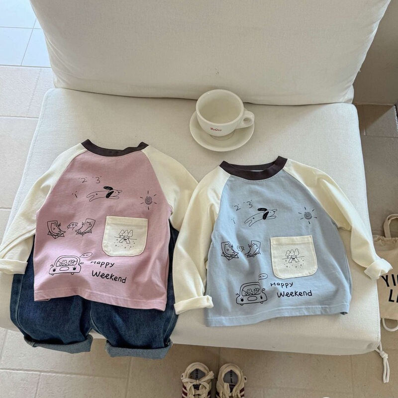 纯棉新款儿童撞色长袖卡通口袋拉布布男女童洋气T恤印花小童上衣|undefined