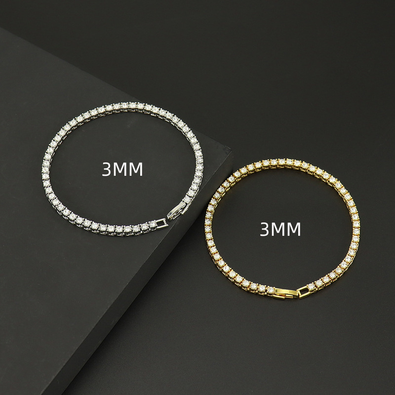 Hip-Hop Tennis Chain with Single Row of Diamonds 3mm 4mm 5mm Bracelet Tennis Bracelet for Men and Women Cross-Border