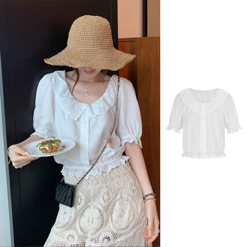 Summer New French-Style Elegant Lace-Trimmed Short-Sleeve Shirt with Doll Collar, Off-Shoulder, Short-Length, Light Luxury, High-End Feel Top Summer New French-Style Elegant Lace-Trimmed Short-Sleeve Shirt with Doll Collar, Off-Shoulder, Short-Length, Light Luxury, High-End Feel Top