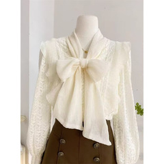 Bow-tie ruffled lace shirt plus velvet thickened long-sleeved shirt for women's autumn and winter temperament, bottoming top