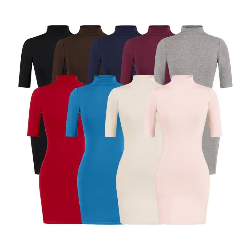 Red High-Neck Mid-Sleeve Bodycon Dress for Women, Solid Color, Slim Fit, Stretchy, Flattering, Sexy, Waist-Cinching, Short Dress