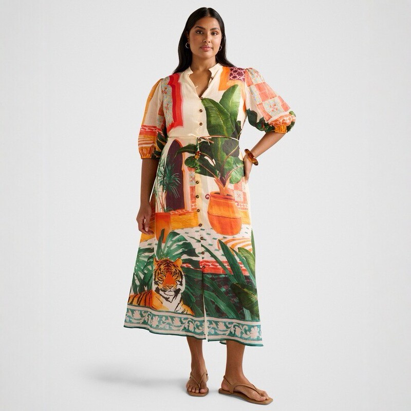 Amazon Cross-Border New Linen Dress for Women, V-Neck Long-Sleeved Tropical Plant Tiger Pattern Holiday Style Long Dress Amazon Cross-Border New Linen Dress for Women, V-Neck Long-Sleeved Tropical Plant Tiger Pattern Holiday Style Long Dress