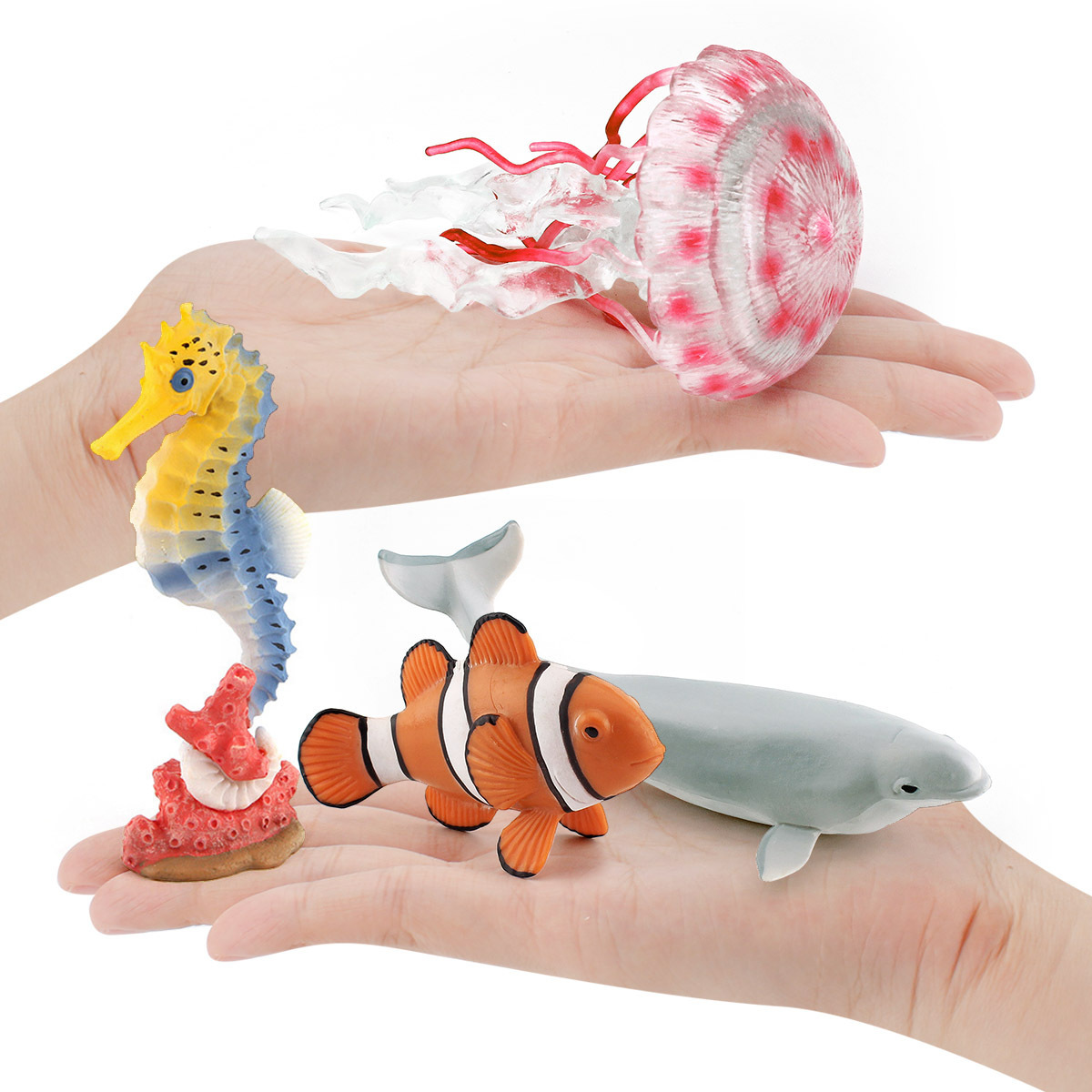 Simulación transfronteriza blanco ballena tortuga payaso pez caballito de mar pulpo medusas rey cangrejo marino biológico modelo adornos estáticos
