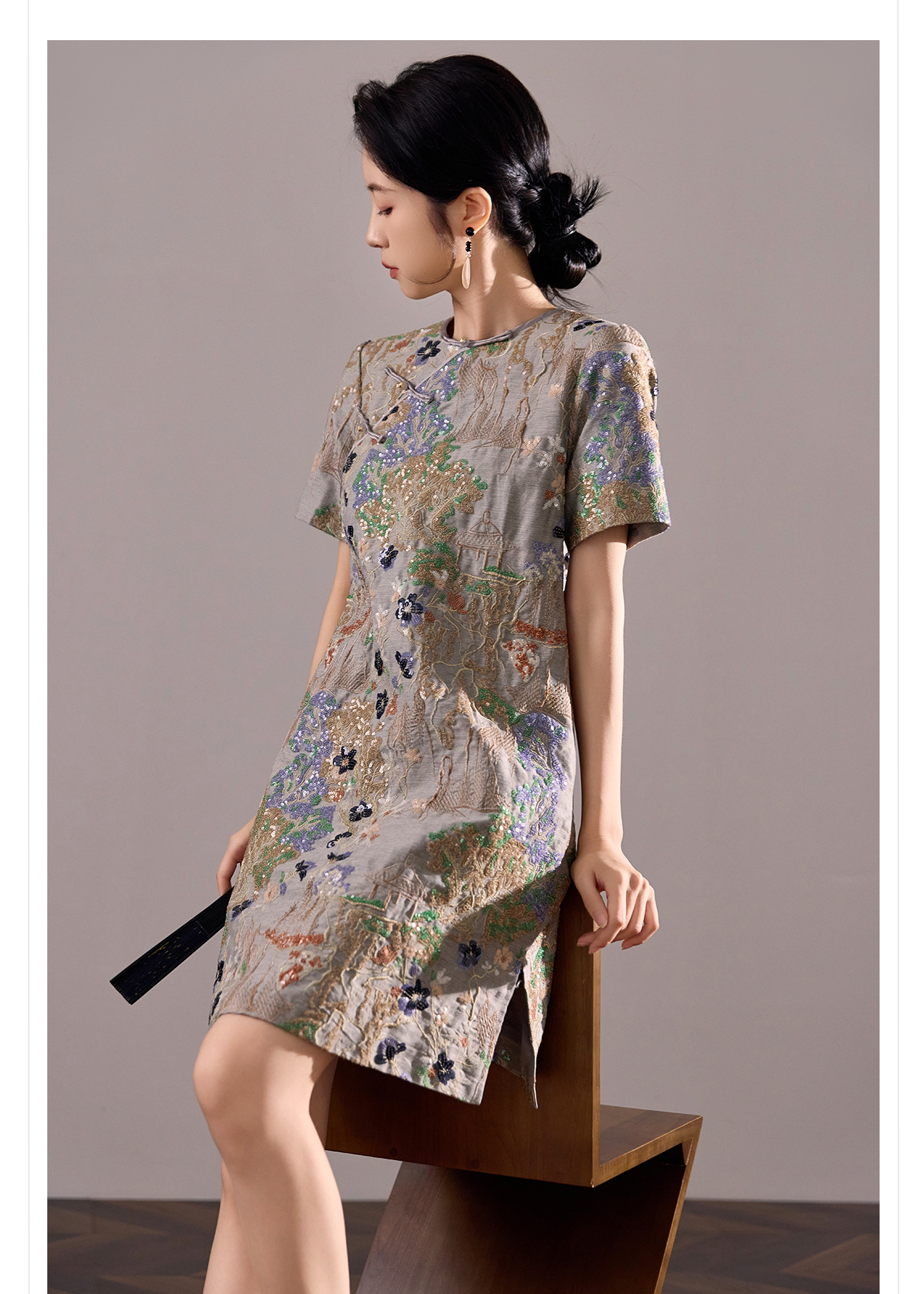 Váy ngắn thêu sequin phong cách Trung Hoa mới mùa hè M4239 — Màu xám chi tiết 7