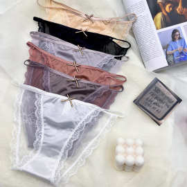 法式缎面蕾丝性感女士三角裤细带纯棉裆无痕镂空纯欲小花边裤头无