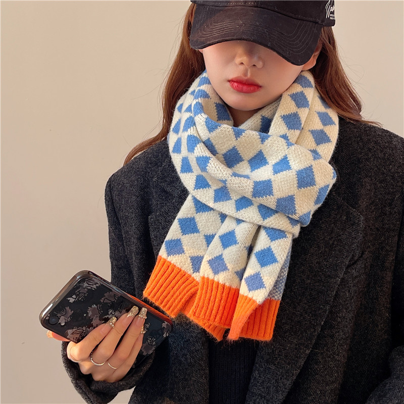 4#【天蓝拼橘边-常规款】菱形格子拼接围巾