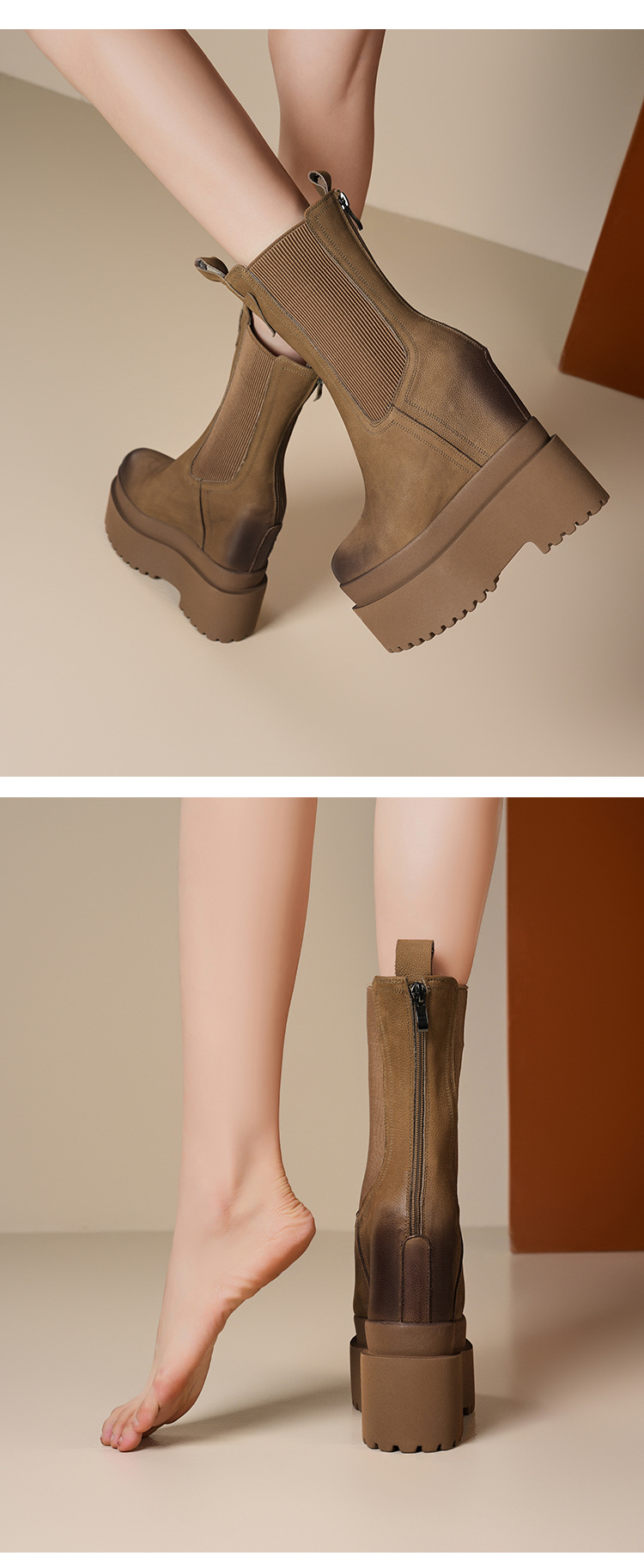 Boot Chelsea nữ cổ thun đế siêu cao 16cm da thật — Màu đen lót nhung chi tiết 6