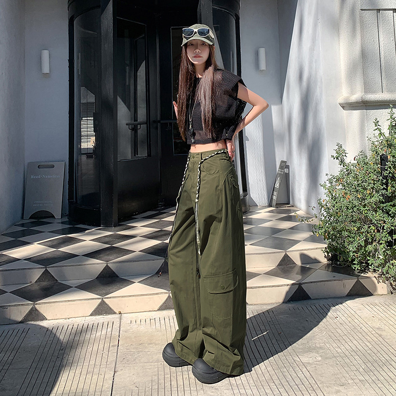 军绿色美式街头宽松阔腿裤女秋季慵懒风工装裤高腰休闲弯刀运动裤|undefined