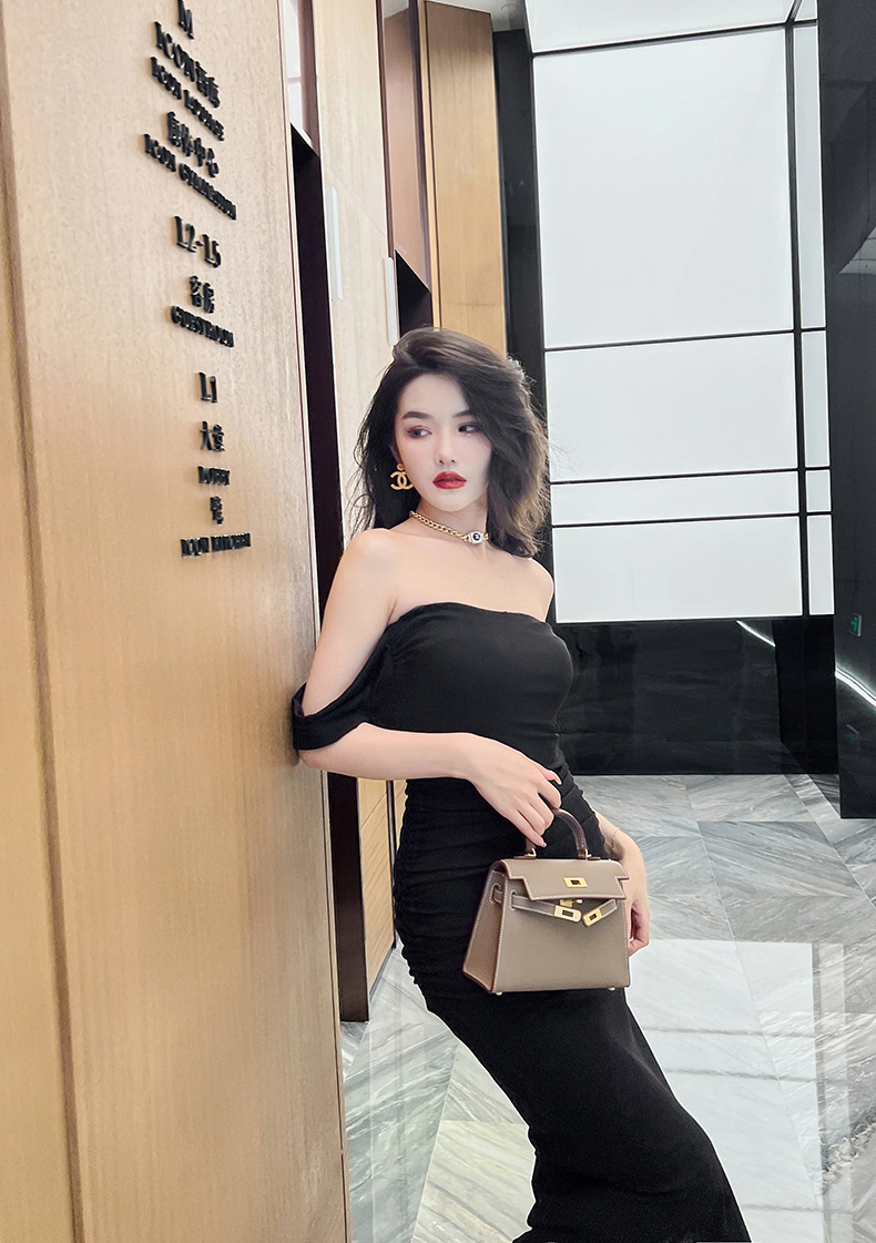 Đầm ôm body nữ trễ vai cổ một đường, phong cách hot girl mùa hè — Màu đen chi tiết 27