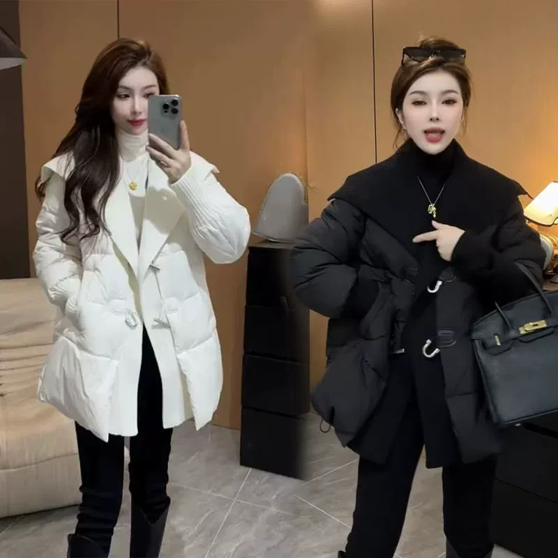 2025冬季新款韩版时尚毛巾披肩领棉服外套女保暖加厚棉衣中长款潮