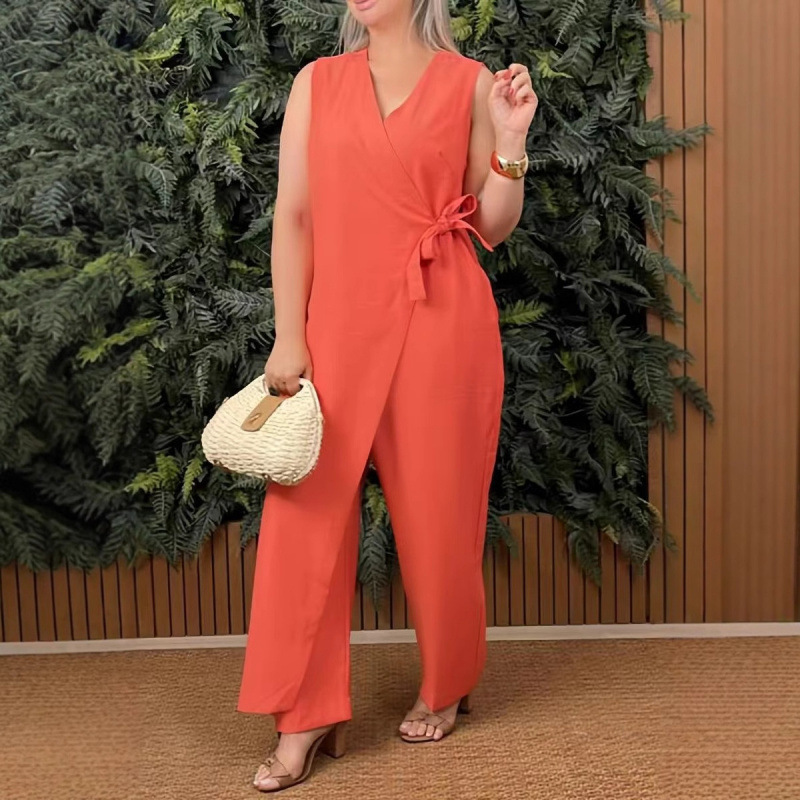 Damen-Jumpsuit, einfarbig, V-Ausschnitt, zum Binden, lässig, Frühling/Sommer, Polyester_voghion.com