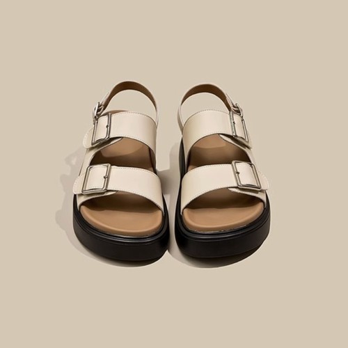 Ruo Ji 2024 Summer New Soft Leather Women's Thick Sole Buckle Retro Unique Versatile Casual Roman Shoes