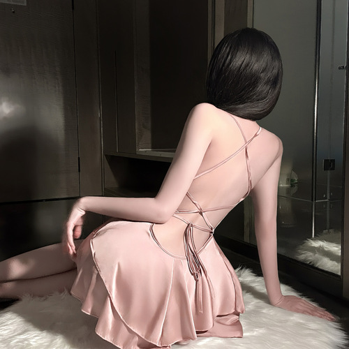 Gold River Erotic Lingerie Sexy Pure Desire Silk Slip Dress Women Beautiful Back Straps Uniform Temptation Pajamas QQNY