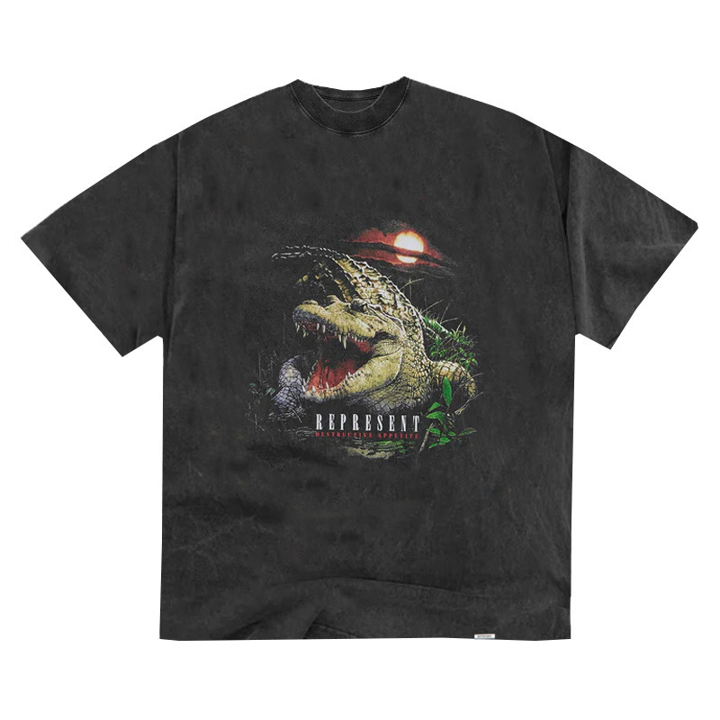 Represrep杜賓犬水洗いして古いアメリカのファッションブランドのヴィンテージのレトロなサメの半袖のtシャツの男をします。|undefined