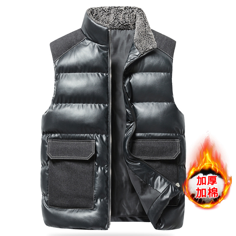 Hombres al por mayor retro collar chaleco caliente de invierno de mediana edad holgado grueso hombro chaleco de cuero de bolsillo grande