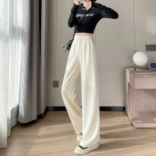 White High-Waisted Slim Wide-Leg Pants for Women, Spring Casual Floor-Length Straight Pants, Petite Suit Pants, High-Waisted and Slimming