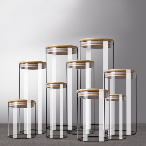 High borosilicate glass sealed jar food grade kitchen grain tea storage jar storage jar bamboo lid round transparent