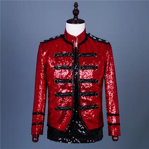 Men's youth singer rapper jazz dance red sequined short jackets British stand-up collar night club punk rock dance sparkly suits evening host drummer performing coats