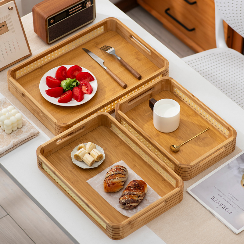 Natural Bamboo and Rattan Rounded Corner Tray with Bamboo Handle, Suitable for Hotel and Guesthouse Breakfasts