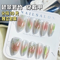 竹葉杏仁甲穿戴甲腮紅暈染貓眼清雅國風高級感美甲貼片分碼10片