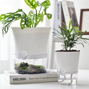 Lazy Man Automatic Water Absorbent Flower Pot Plastic Resin Simple Imitation Ceramic Green Rod Succulent Plant Indoor Hydroponic Landscape Pot
