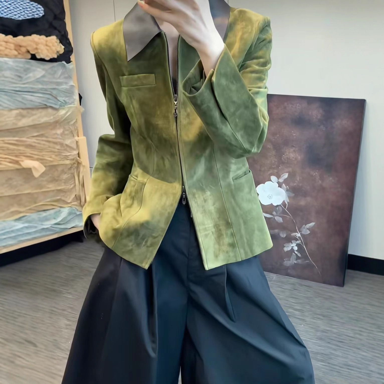 European and American High Street Lapel Genuine Suede Leather Jacket Zipper Genuine Leather Jacket Top Internet Celebrity Same Style Goatskin Jacket for Women