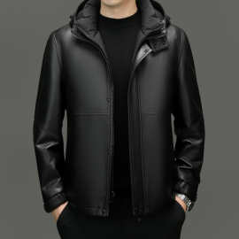 真皮羽绒服皮衣男绵羊皮可拆卸鹅绒内胆夹克短款连帽外套休闲男