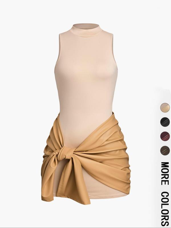2025 クロスボーダー Amazon ヨーロッパとアメリカの女性の無地ノースリーブミニドレス + フロントタイ PU 装飾 2 点セット|undefined