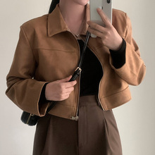 韩国chic秋冬季酷飒风复古翻领夹克短款外套女拉链鹿皮绒皮衣夹克