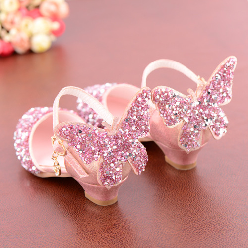 New Children's Princess Shoes Crystal Shoes Student Dance Performance Shoes Silver Girls' Leather Shoes High Heel Children's Shoes