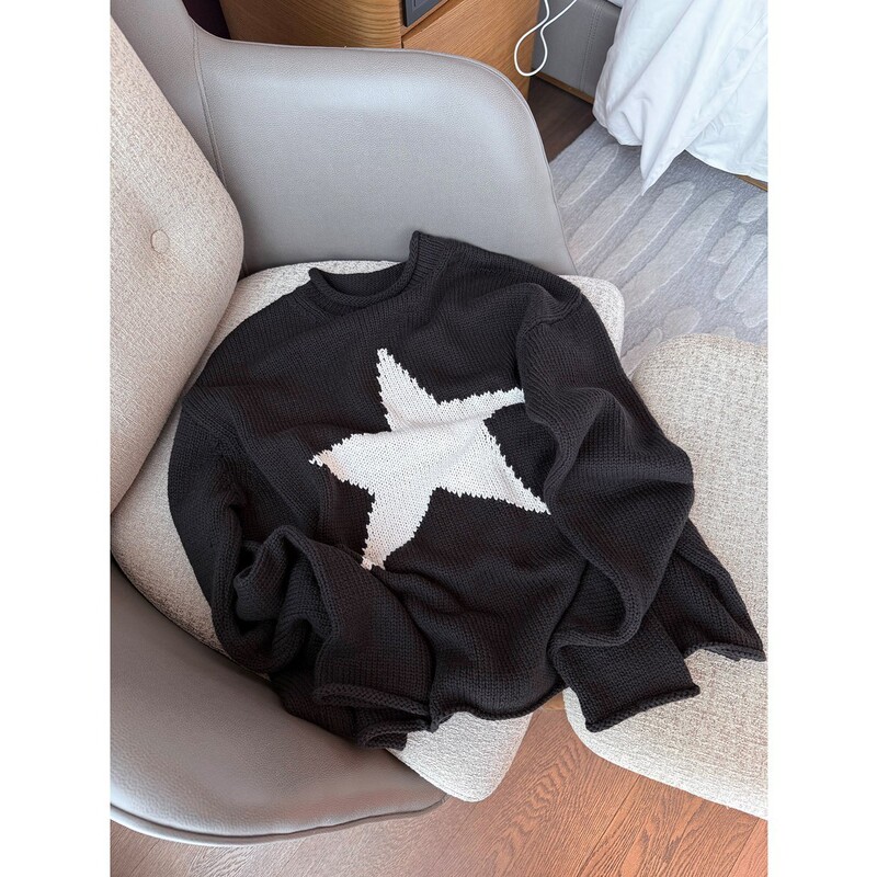 5686 # 100% cotton yarn star jacquard rolled hem loose round neck knitted sweater for women, casual and warm top 5686 # 100% cotton yarn star jacquard rolled hem loose round neck knitted sweater for women, casual and warm top