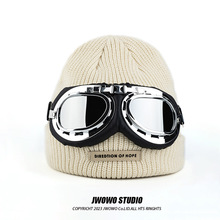 原创飞行员眼镜毛线帽子男女冬季保暖潮牌针织帽护耳滑雪冷帽百搭