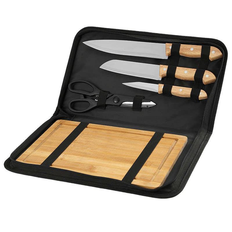 Juego de herramientas para hornear de acero inoxidable para picnic al aire libre Juego de herramientas para el hogar BBQ Juego de utensilios de cocina de combinación de tabla de cortar con cuchillo y tenedor para barbacoa