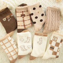 Children's knee-high socks for autumn and winter, versatile beige with cute cartoon bear, ins trend, piled socks long socks