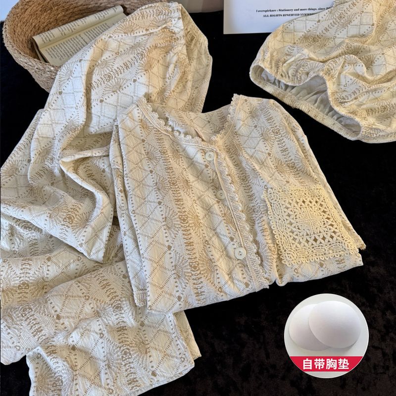 云朵棉睡衣女款夏季带固定胸垫短袖长裤三件套甜美宽松休闲家居服