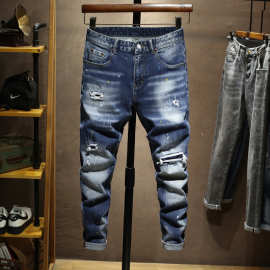 现货跨境男装水洗复古蓝破洞修身弹力牛仔青年街头个性小脚牛仔裤