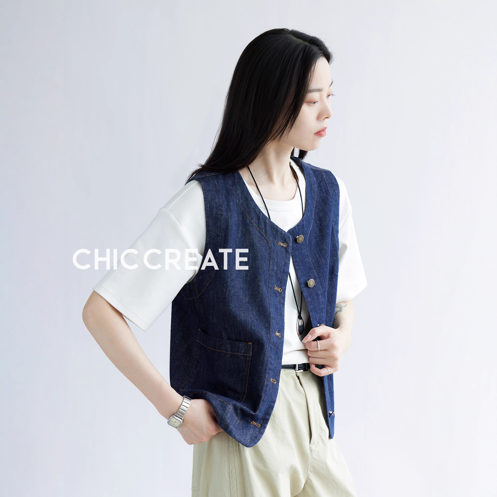 Cabinet 2.6K+! Soil Denim Series! Contrast Color Workwear Style Cotton Sleeveless Denim Vest for Women Summer New Style