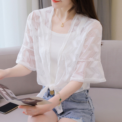 Summer sun protection clothing lace shawl jacket women's short cardigan with waistcoat chiffon mid-sleeve thin top for women