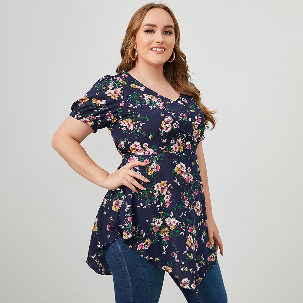 Plus Size Mid-Length V-Neck Short Sleeve Flower Print Top NSWCJ112800