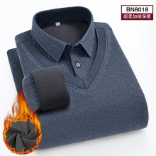 冬季新款男士假两件针织商务衬衫中老年爸爸装加绒加厚保暖衬衣