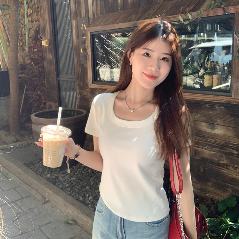 White Shoulder Short-sleeved T-shirt Women's Summer 2025 New Slim-fit Slimming U-collar White Good-looking All-match Top